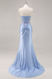 Sparkly Dark Green Strapless Mermaid Long Formal Dress with Slit