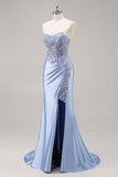 Sparkly Dark Green Strapless Mermaid Long Formal Dress with Slit