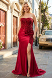 Mermaid Burgundy Strapless Sequin Long Formal Dress with Beading
