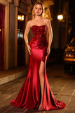 Burgundy Mermaid Strapless Sequin Long Prom Dress with Beading