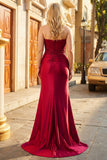 Mermaid Burgundy Strapless Sequin Long Formal Dress with Beading