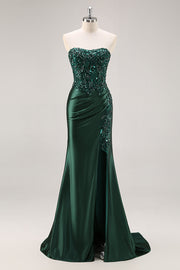 Sparkly Dark Green Strapless Mermaid Long Formal Dress with Slit