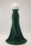 Sparkly Dark Green Strapless Mermaid Long Formal Dress with Slit