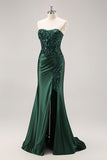 Sparkly Dark Green Strapless Mermaid Long Formal Dress with Slit