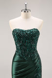 Sparkly Dark Green Strapless Mermaid Long Formal Dress with Slit