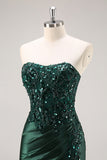 Sparkly Dark Green Strapless Mermaid Long Formal Dress with Slit
