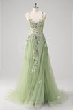 Green A line Spaghetti Straps Appliqued Corset Long Formal Dress With Tulle