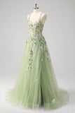 Green Sequined A Line Tulle Applique Corset Long Formal Dress with Slit