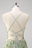 Green A line Spaghetti Straps Appliqued Corset Long Formal Dress With Tulle