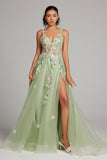 Sparkly Green A Line Sequin Corset Embroidered Long Formal Dress With Slit