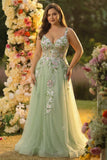 Green A Line Tulle Sequin Applique Corset Long Formal Dress with Slit