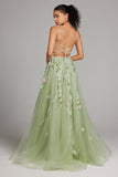 Sparkly Green A Line Sequin Corset Embroidered Long Formal Dress With Slit