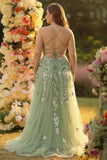 Green A Line Tulle Sequin Applique Corset Long Formal Dress with Slit