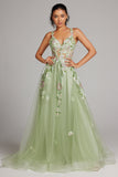 Sparkly Green A Line Sequin Corset Embroidered Long Formal Dress With Slit