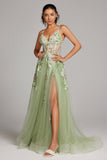 Sparkly Green A Line Sequin Corset Embroidered Long Formal Dress With Slit