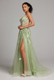 Sparkly Green A Line Sequin Corset Embroidered Long Formal Dress With Slit