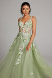 Sparkly Green A Line Sequin Corset Embroidered Long Formal Dress With Slit