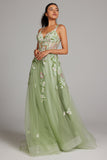 Sparkly Green A Line Sequin Corset Embroidered Long Formal Dress With Slit