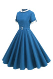 Blue Round Neck A-Line Midi 1950s Dress