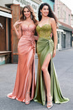 Sparkly Mermaid Army Green Corset Lace Up Back Long Formal Dress with Slit