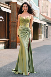 Sparkly Mermaid Army Green Corset Long Formal Dress with Slit