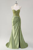 Sparkly Army Green Mermaid Corset Long Formal Dress with Slit