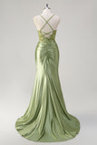 Sparkly Mermaid Army Green Corset Lace Up Back Long Formal Dress with Slit