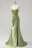 Sparkly Army Green Mermaid Corset Long Formal Dress with Slit