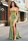 Sparkly Mermaid Army Green Corset Lace Up Back Long Formal Dress with Slit