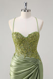 Sparkly Army Green Mermaid Corset Long Formal Dress with Slit