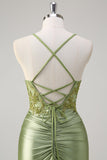 Sparkly Army Green Mermaid Corset Long Formal Dress with Slit