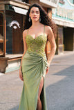 Sparkly Mermaid Army Green Corset Lace Up Back Long Formal Dress with Slit