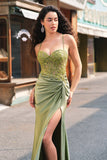 Sparkly Mermaid Army Green Corset Lace Up Back Long Formal Dress with Slit