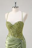 Sparkly Army Green Mermaid Corset Long Formal Dress with Slit