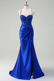 Sparkly Royal Blue Mermaid Ruched Appliqued Long Formal Dress
