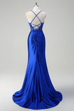 Royal Blue Mermaid Spaghetti Straps Pleated Appliqued Formal Dress