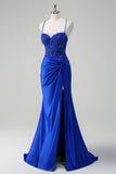 Royal Blue Mermaid Spaghetti Straps Pleated Appliqued Formal Dress