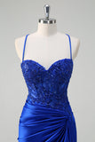 Royal Blue Mermaid Spaghetti Straps Pleated Appliqued Formal Dress