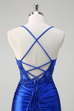 Royal Blue Mermaid Spaghetti Straps Pleated Appliqued Formal Dress