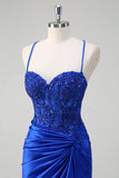 Royal Blue Mermaid Spaghetti Straps Pleated Appliqued Formal Dress