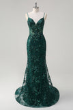 Sparkly Dark Green Mermaid Spaghetti Straps Corset Long Formal Dress