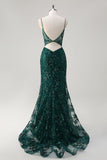 Sparkly Dark Green Mermaid Spaghetti Straps Corset Long Formal Dress