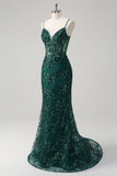 Sparkly Dark Green Mermaid Spaghetti Straps Corset Long Formal Dress