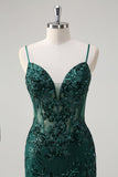 Sparkly Dark Green Mermaid Spaghetti Straps Corset Long Formal Dress