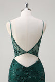 Sparkly Dark Green Mermaid Spaghetti Straps Corset Long Formal Dress