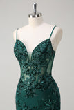 Sparkly Dark Green Mermaid Spaghetti Straps Corset Long Formal Dress