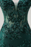 Sparkly Dark Green Mermaid Spaghetti Straps Corset Long Formal Dress