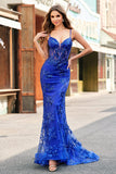 Sparkly Mermaid Royal Blue Spaghetti Straps Corset Sequin Long Formal Dress with Embroidery