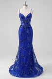 Sparkly Mermaid Royal Blue Spaghetti Straps Corset Sequin Long Formal Dress with Embroidery