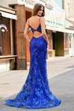 Sparkly Mermaid Royal Blue Spaghetti Straps Corset Sequin Long Formal Dress with Embroidery